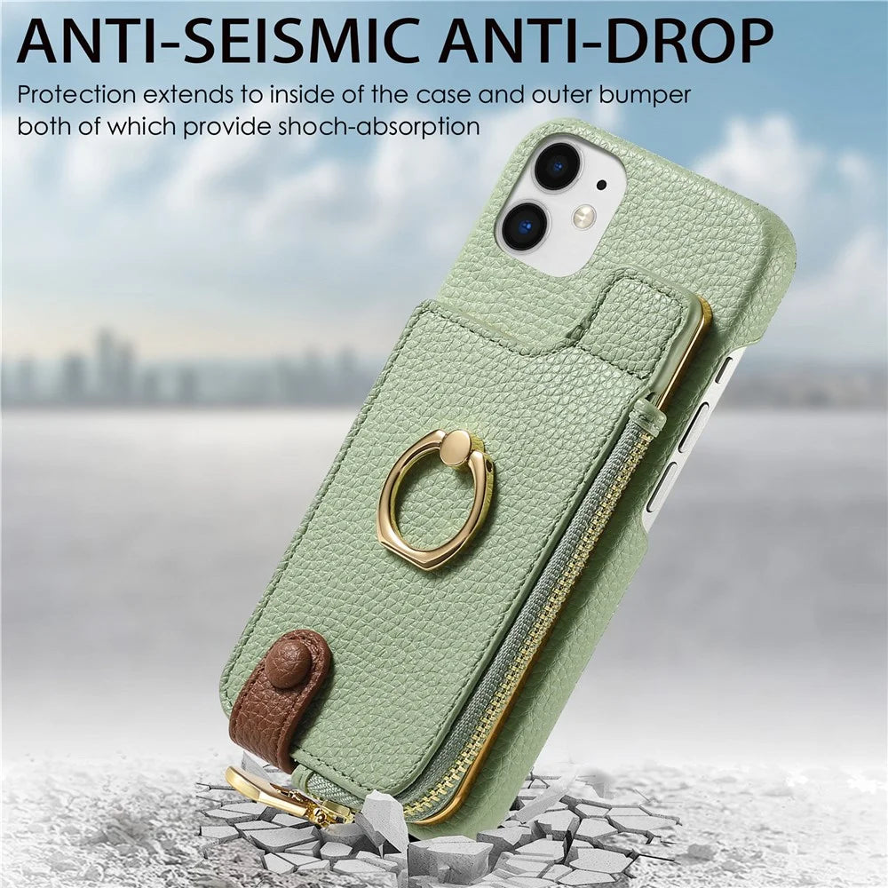 Y3 for iPhone 11 Phone Case Wallet Pouch with Card Slots Ring Holder - Mint Green - 4