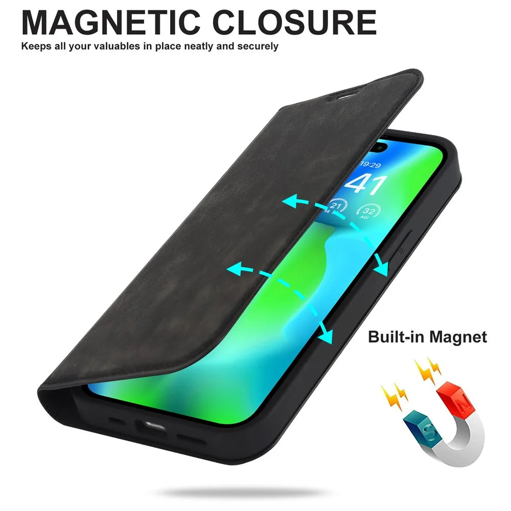 For iPhone 15 Pro Magnetic Case PU Leather Card Holder Cover with RFID Blocking - Black - 7
