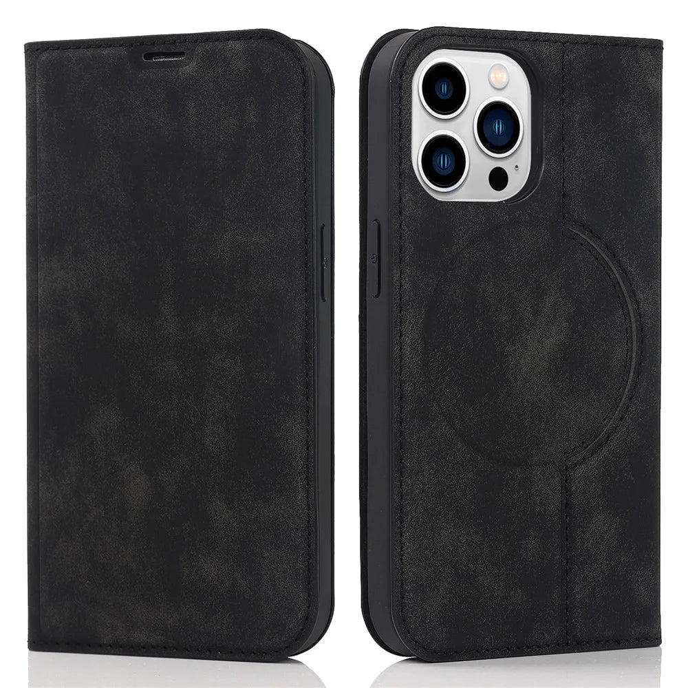 For iPhone 15 Pro Max Magnetic Phone Case PU Leather Shockproof Stand Cover - Black - 1