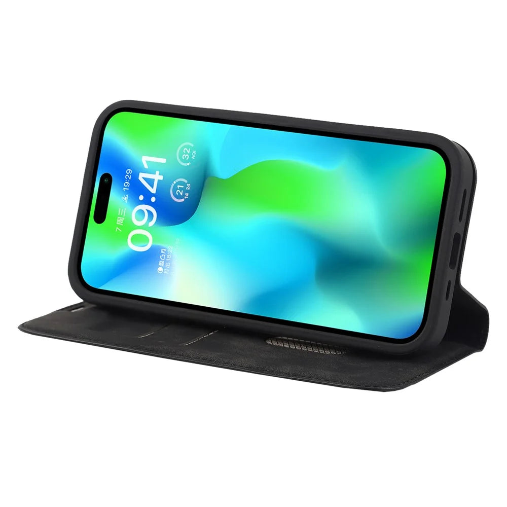For iPhone 15 Pro Max Magnetic Phone Case PU Leather Shockproof Stand Cover - Black - 3