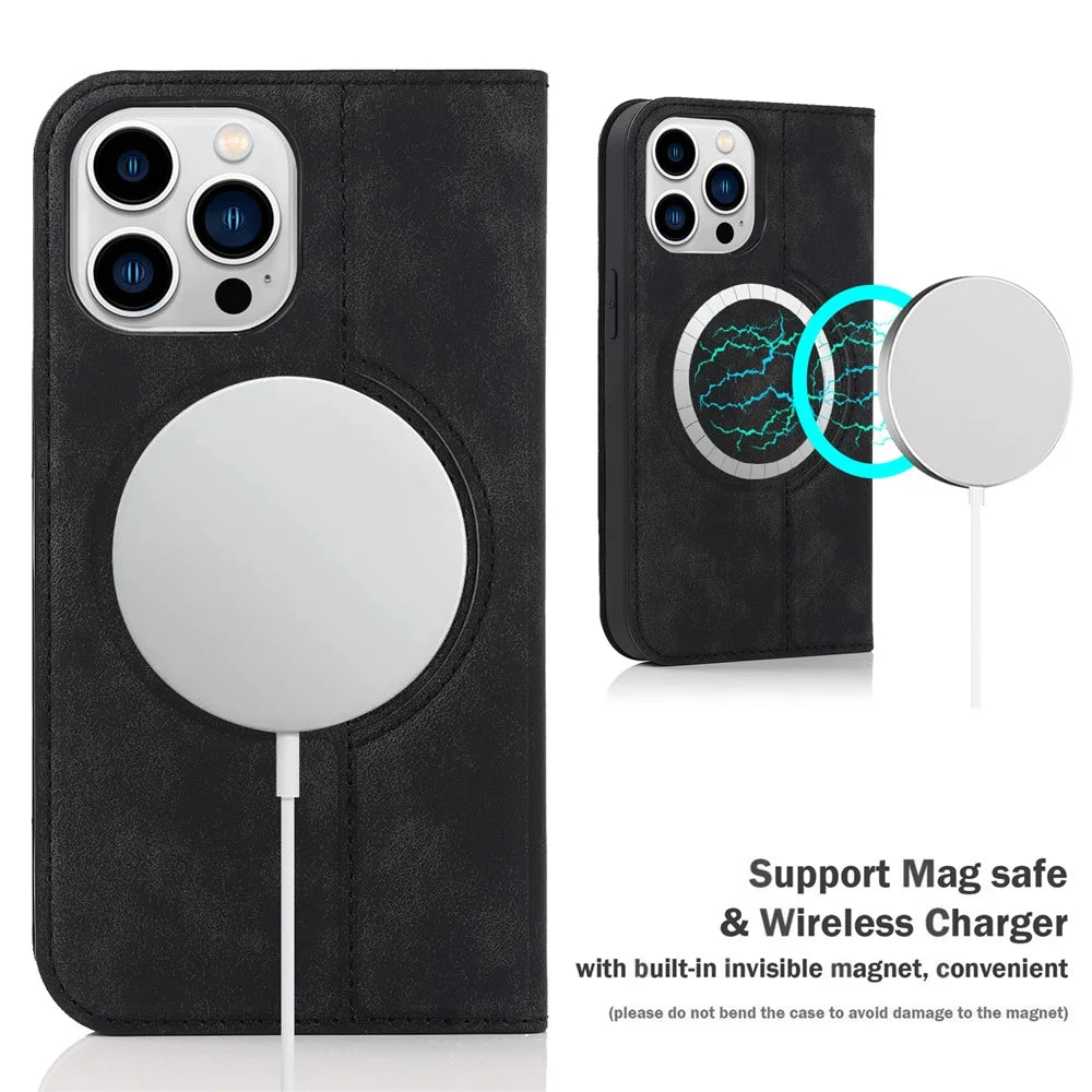 For iPhone 15 Pro Max Magnetic Phone Case PU Leather Shockproof Stand Cover - Black - 4