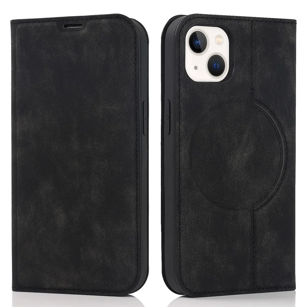 For iPhone 15 Case Leather Card Holder Phone Guard Cover Compatible with MagSafe - Black - 1