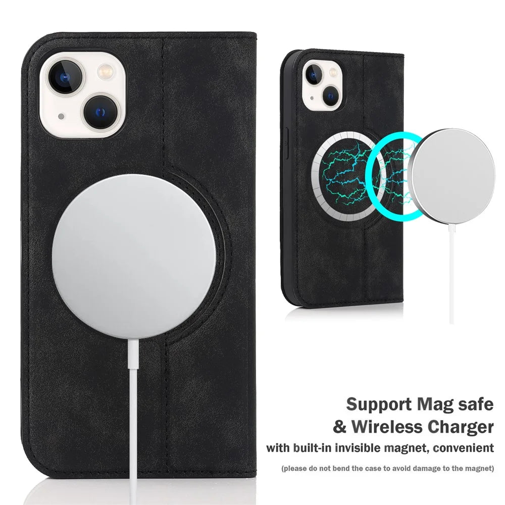 For iPhone 15 Case Leather Card Holder Phone Guard Cover Compatible with MagSafe - Black - 4