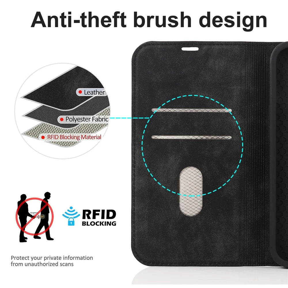 For iPhone 15 Case Leather Card Holder Phone Guard Cover Compatible with MagSafe - Black - 6