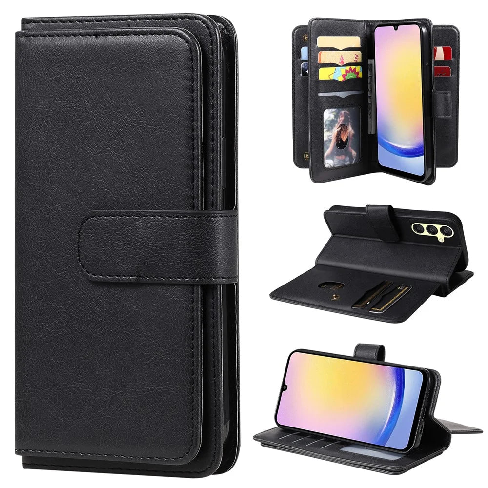 For Samsung Galaxy A25 5G (Global) Leather Case with 10 Card Holder Phone Cover Stand - Black - 1