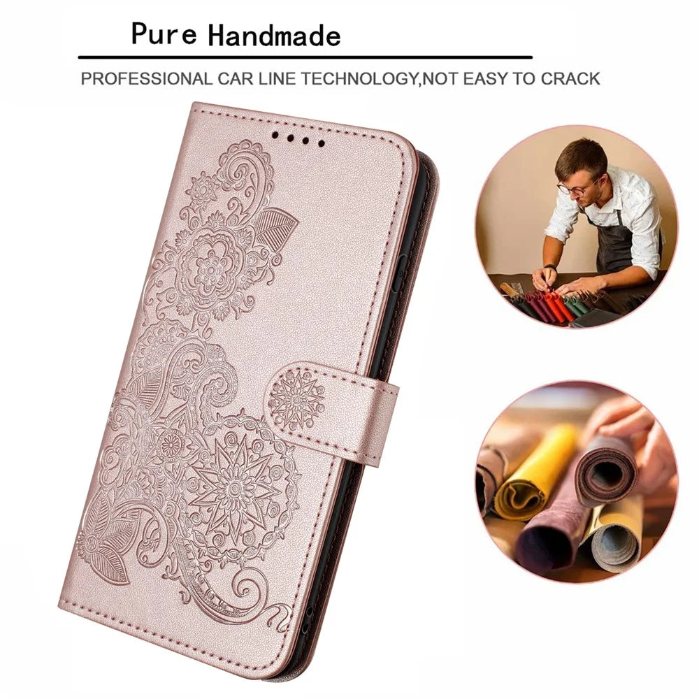 For Samsung Galaxy A15 5G Phone Cases Mandala Flower Leather Wallet Mobile Cover with Strap - Rose Gold - 6
