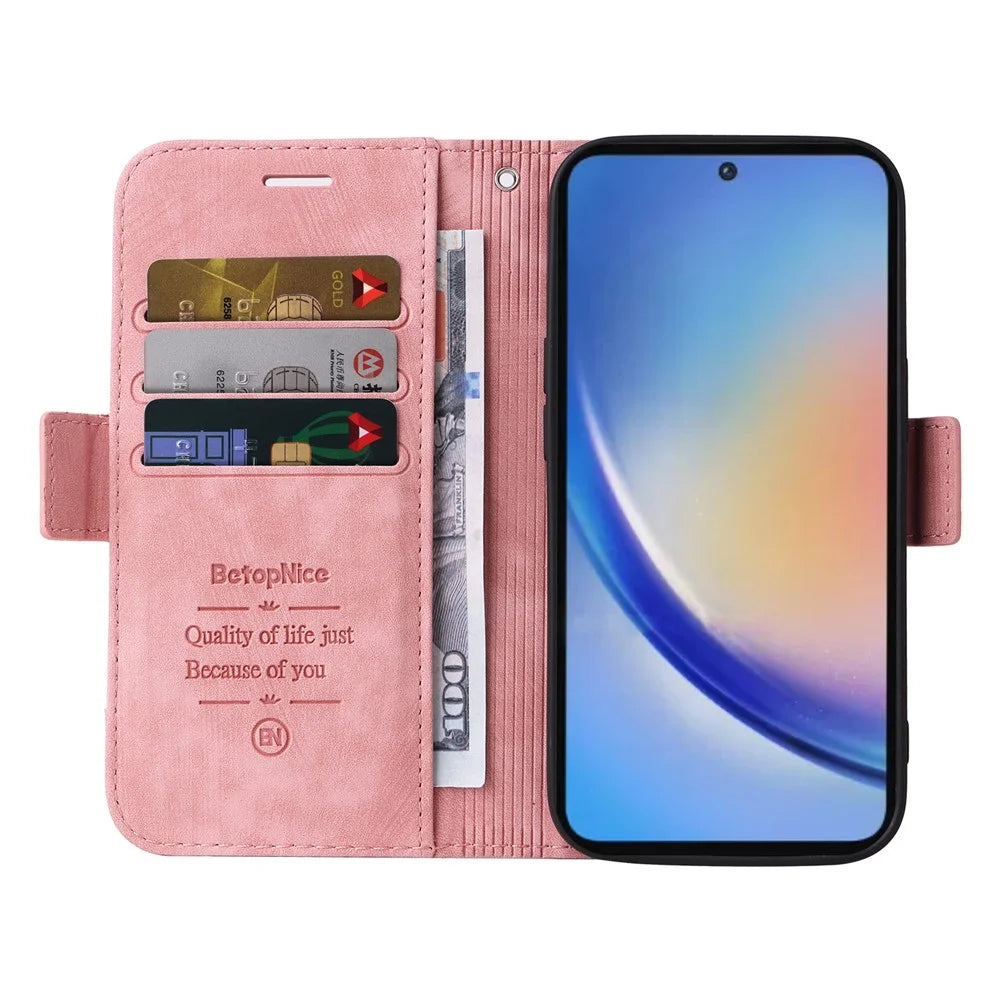 BETOPNICE 001 for Samsung Galaxy A35 5G Cell Phone Case Leather Wallet Card Slots Cover - Pink - 2