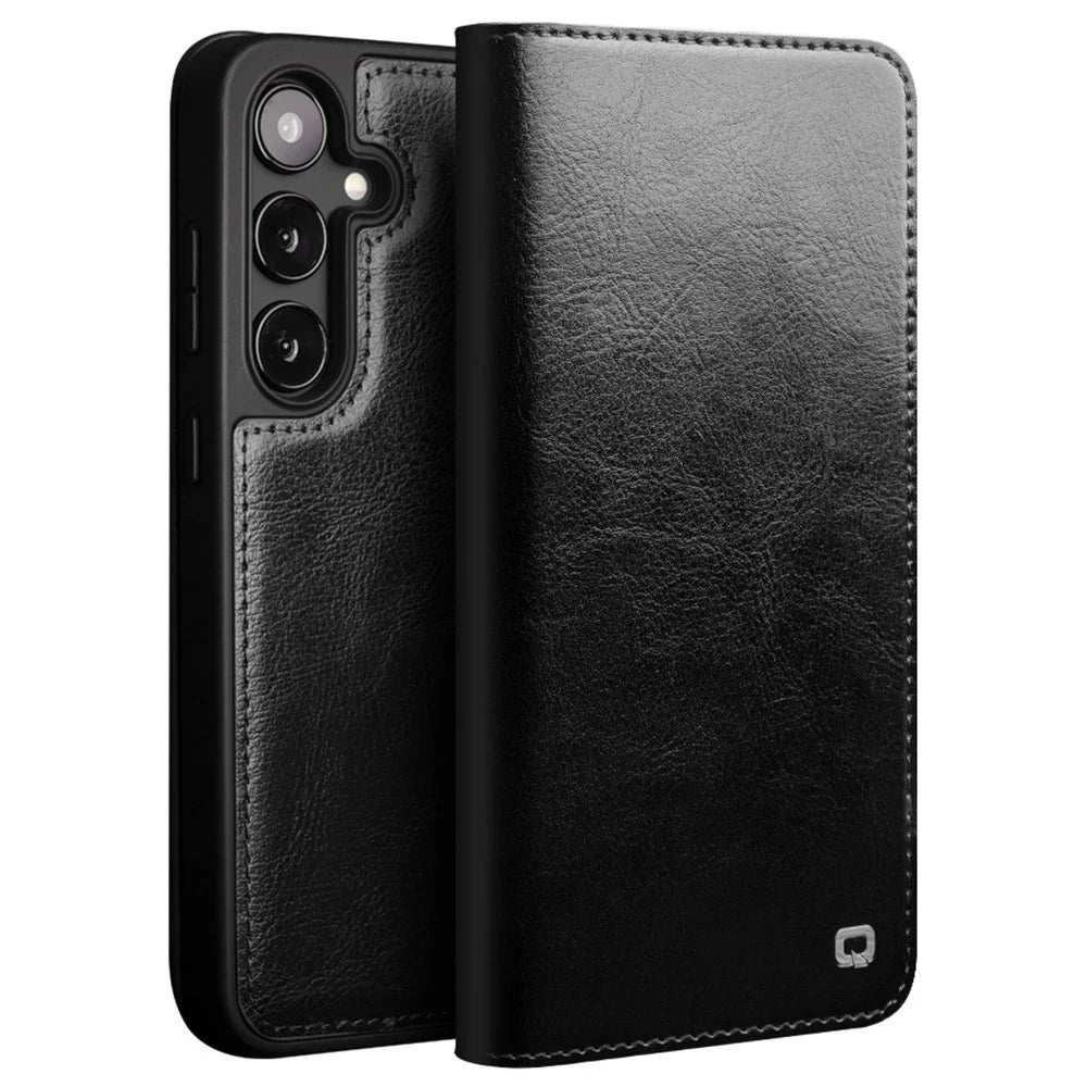 QIALINO For Samsung Galaxy S24 Phone Case Genuine Cow Leather Flip Stand Cover - Black - 1