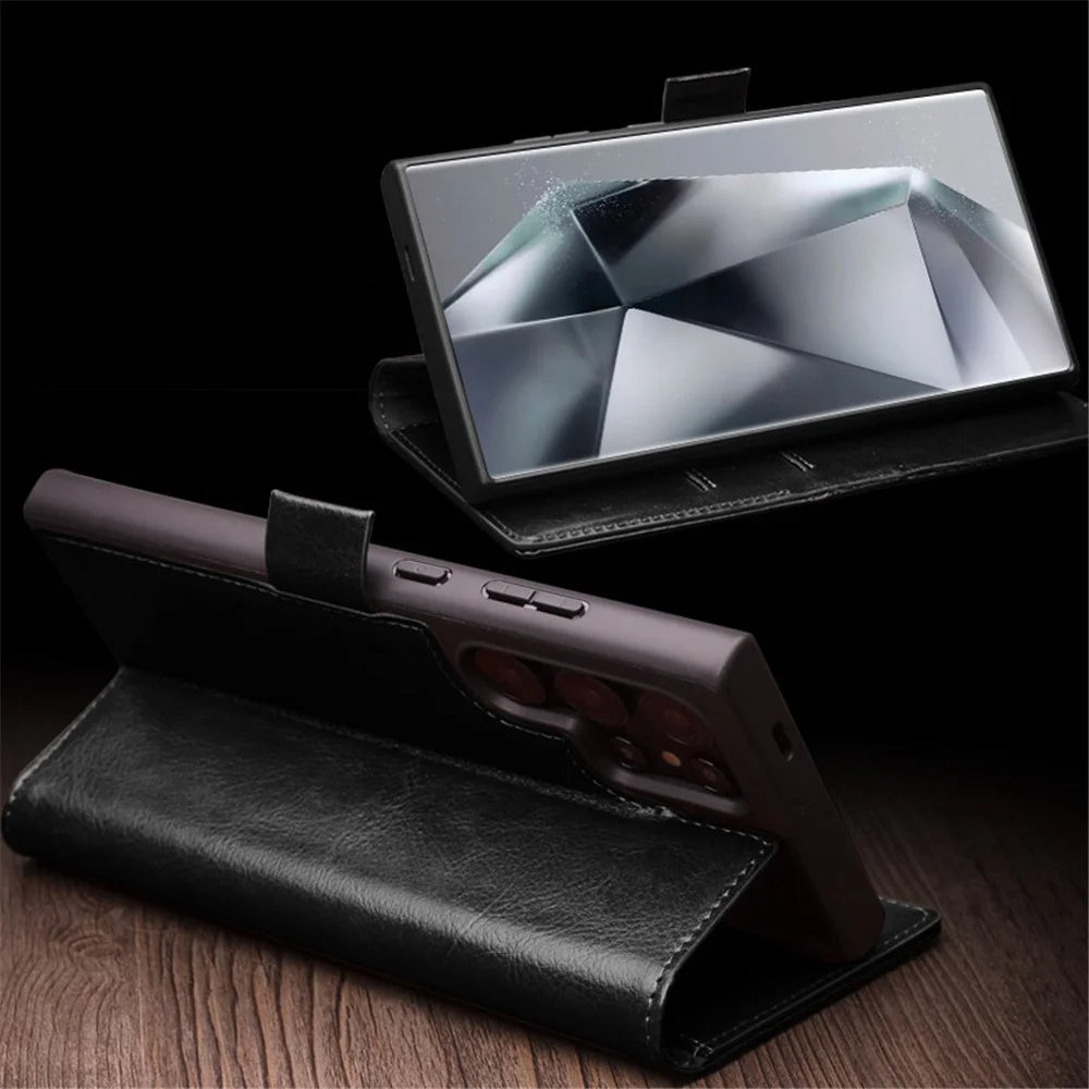 QIALINO For Samsung Galaxy S24 Ultra Wallet Case Genuine Cow Leather Folio Flip Cover - Black - 5