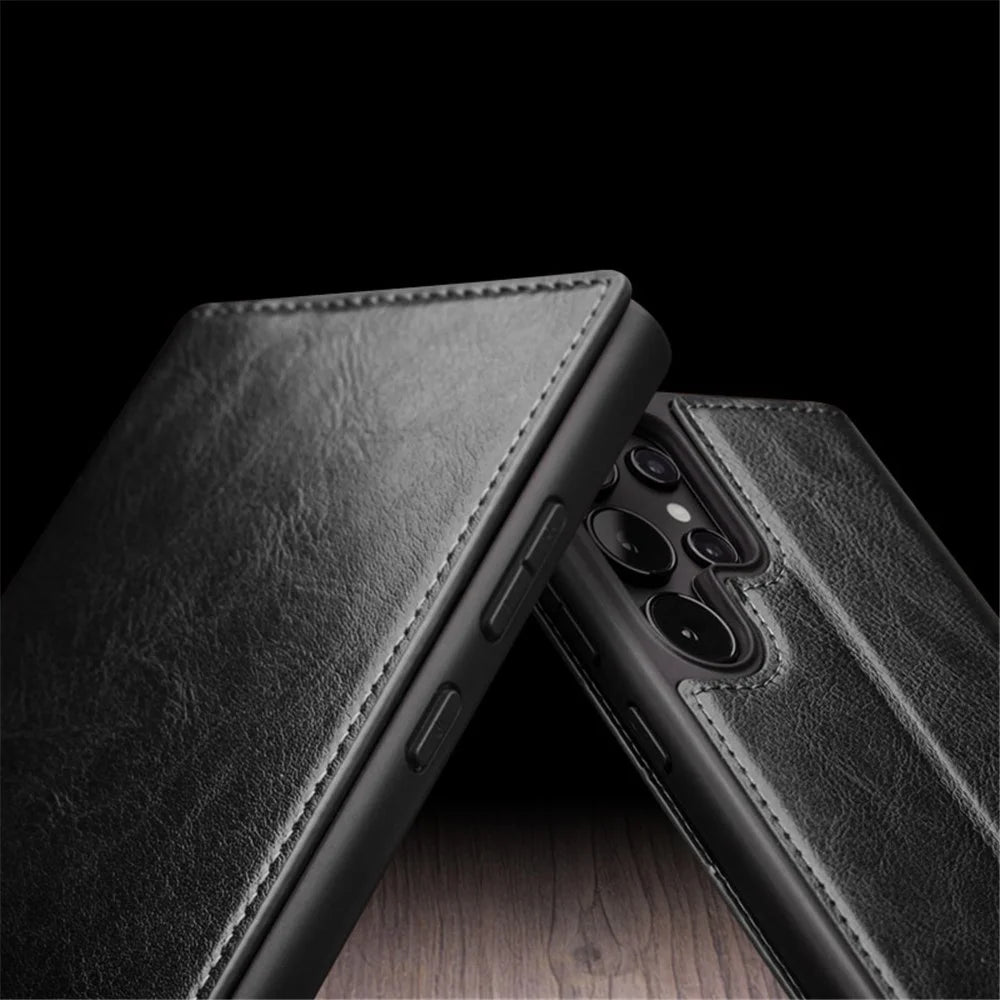 QIALINO For Samsung Galaxy S24 Ultra Wallet Case Genuine Cow Leather Folio Flip Cover - Black - 7