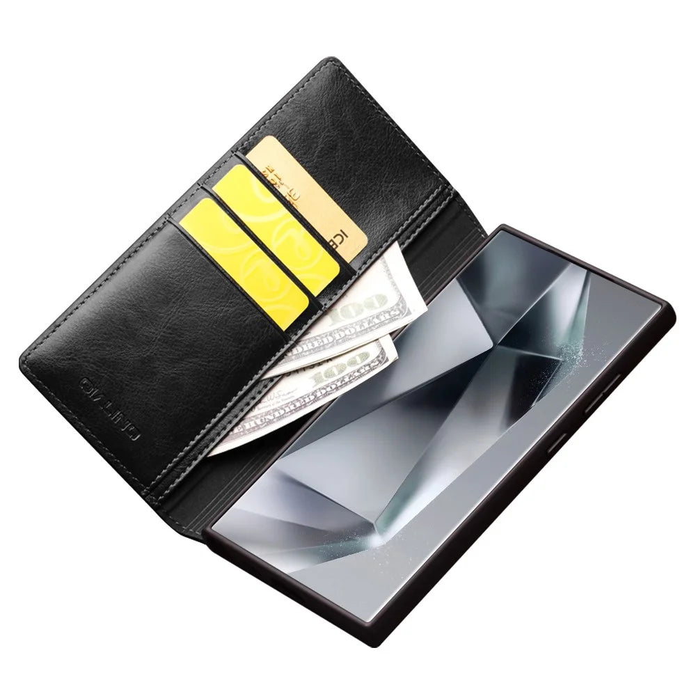 QIALINO For Samsung Galaxy S24 Ultra Case Wallet Flip Stand Phone Cover Genuine Cow Leather - Black - 2