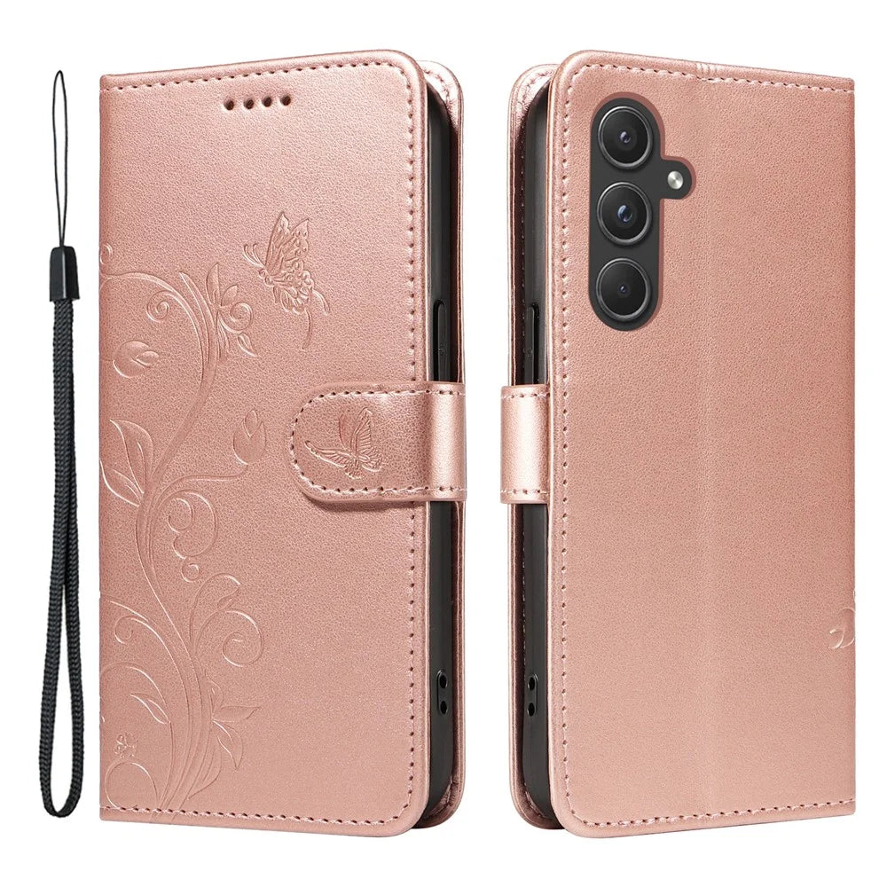For Samsung Galaxy A55 5G PU Leather Cases Flower Pattern Wallet Stand Phone Cover with Strap - Rose Gold - 1