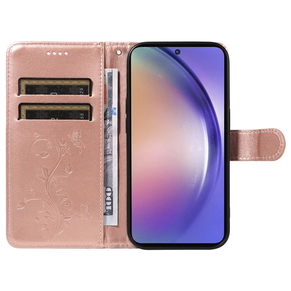For Samsung Galaxy A55 5G PU Leather Cases Flower Pattern Wallet Stand Phone Cover with Strap - Rose Gold - 2