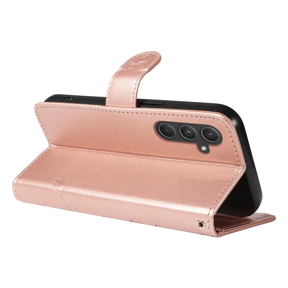 For Samsung Galaxy A55 5G PU Leather Cases Flower Pattern Wallet Stand Phone Cover with Strap - Rose Gold - 4