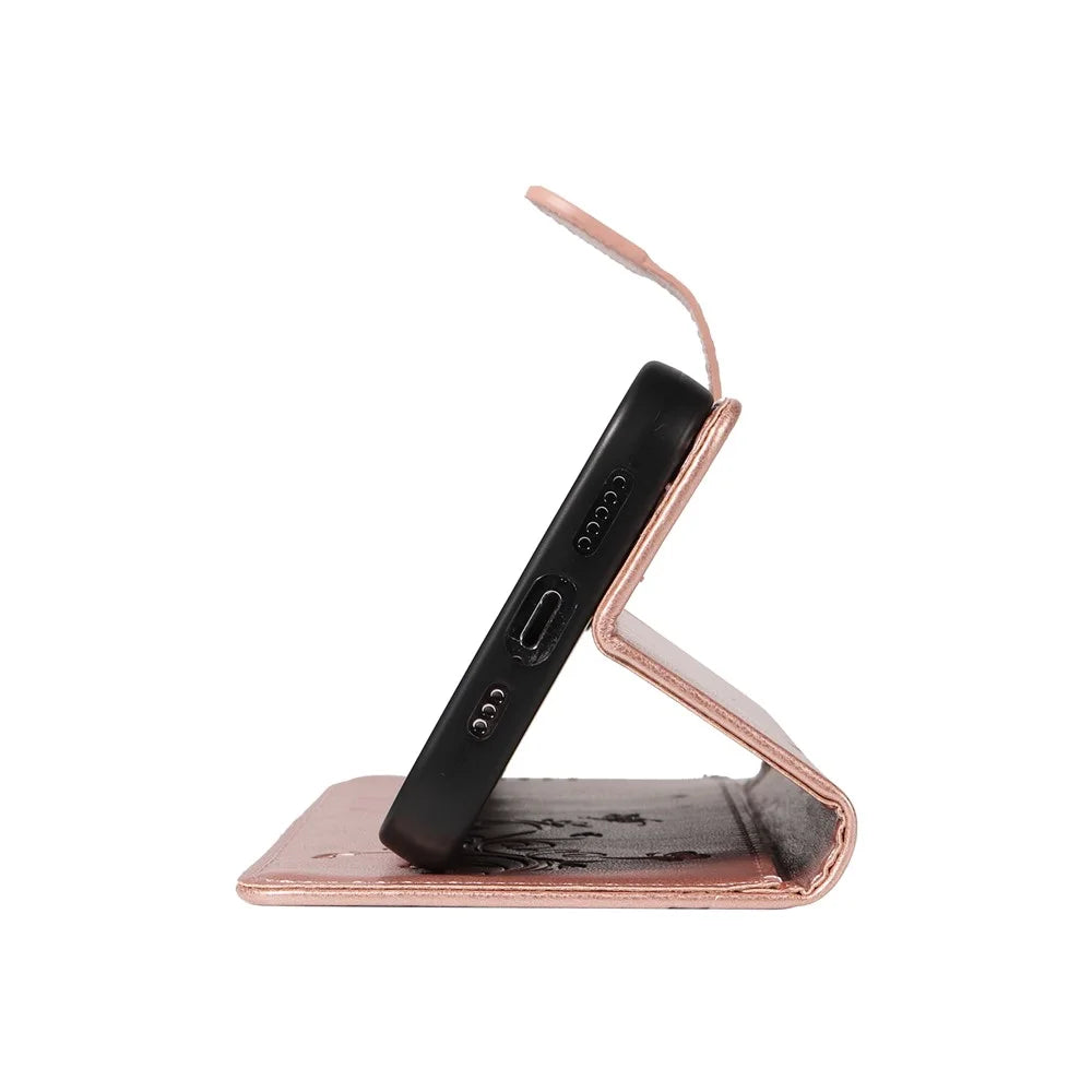 For Samsung Galaxy A55 5G PU Leather Cases Flower Pattern Wallet Stand Phone Cover with Strap - Rose Gold - 5