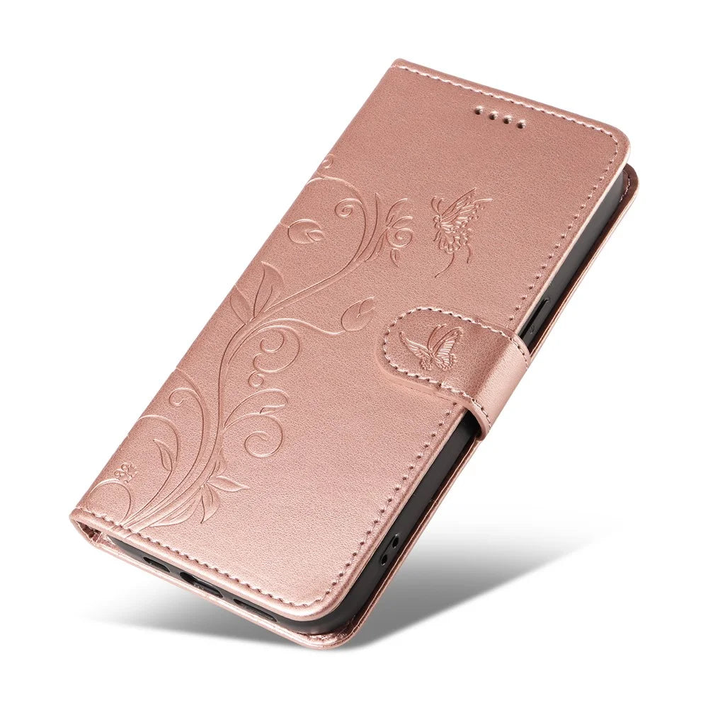 For Samsung Galaxy A55 5G PU Leather Cases Flower Pattern Wallet Stand Phone Cover with Strap - Rose Gold - 6