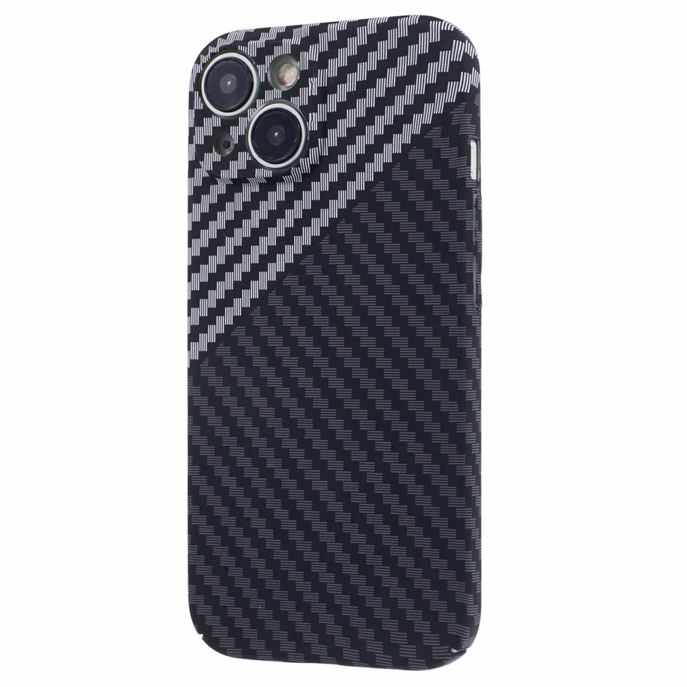 For iPhone 14 Phone Cover Carbon Fiber Texture Color Splicing PC Hard Case - Black+White - 1