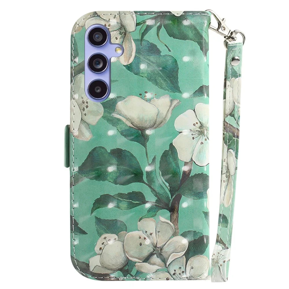 For Samsung Galaxy A35 5G Case 3D Pattern Print Wallet Phone Cover with Strap - Watercolor Flowers - 7