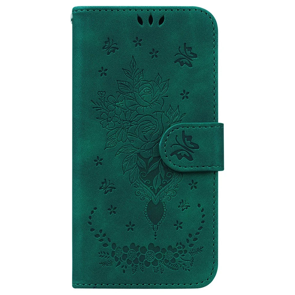For Samsung Galaxy A55 5G Leather Case Rose Butterfly Imprinted Phone Cover - Green - 6