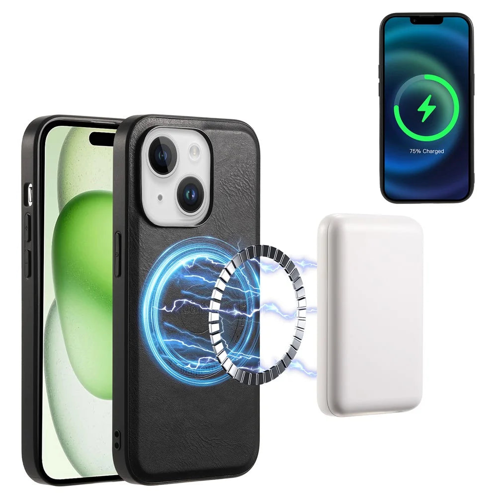 DENIOR Magnetic Phone Case for iPhone 15 Cowhide Texture PU Leather Back Cover - Black - 2