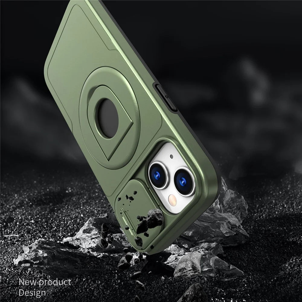 For iPhone 13 / 14 Phone Case Kickstand Magnetic Back Shell with Slide Camera Cover - Green - 3