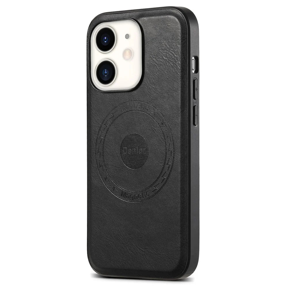 DENIOR For iPhone 12  / 12 Pro Magnetic Phone Case Cowhide Texture PU Leather Back Cover - Black - Black - 1