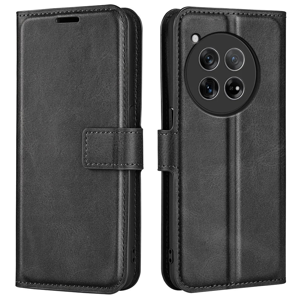 For OnePlus 12 5G PU Leather Folio Cover Magnetic Buckle Flip Phone Case Wallet - Black - 1