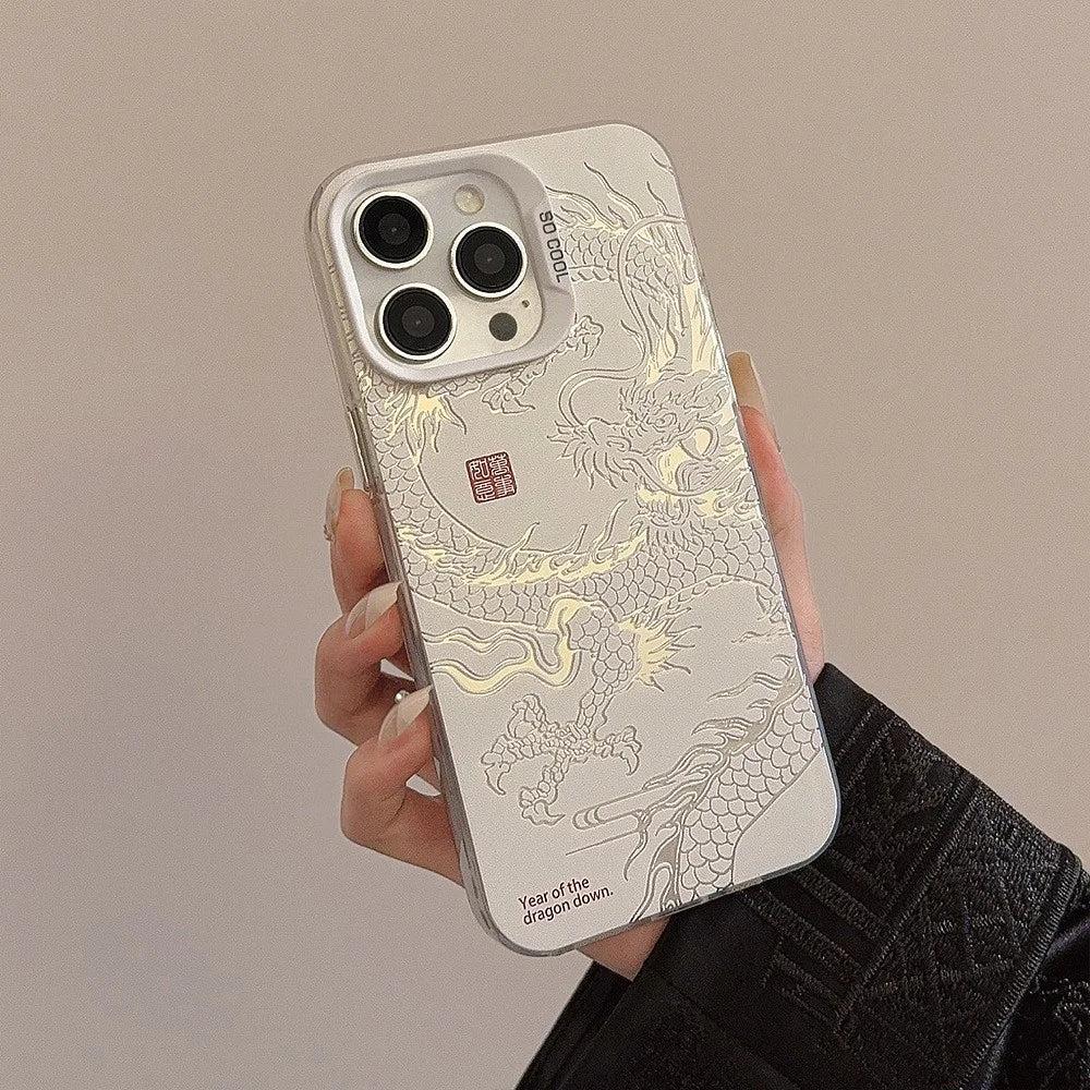 For iPhone 12  /  12 Pro Case Chinese Dragon Laser PC+TPU Phone Back Cover - Silver  /  White - 2