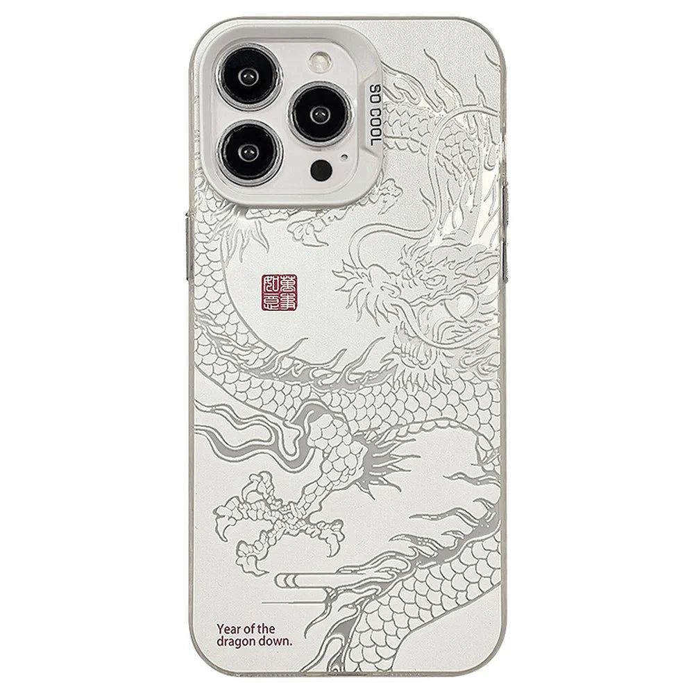 For iPhone 13 Pro Case Phone Back Cover with Chinese Dragon Laser Printing - Silver  /  White - 1