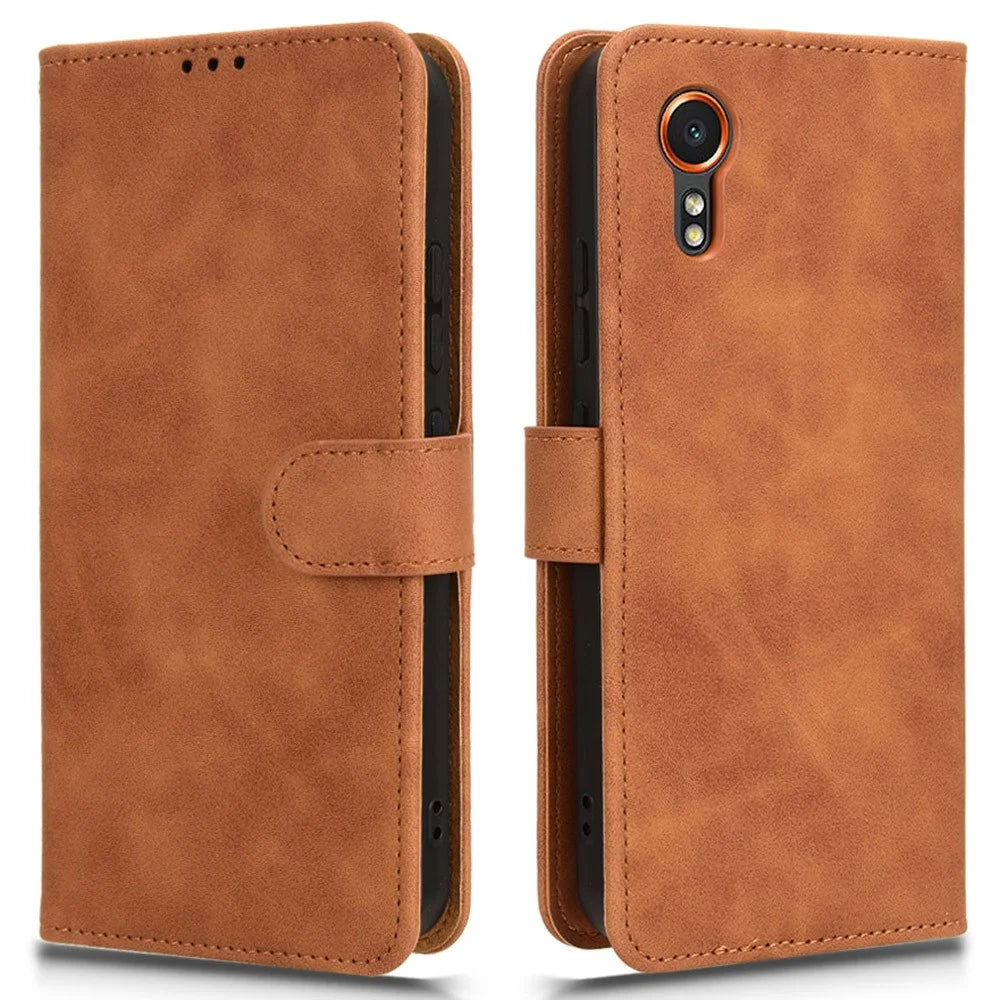 For Samsung Galaxy Xcover7 Cell Phone Case Skin-touch Folio PU Leather Wallet Cover - Brown - 1