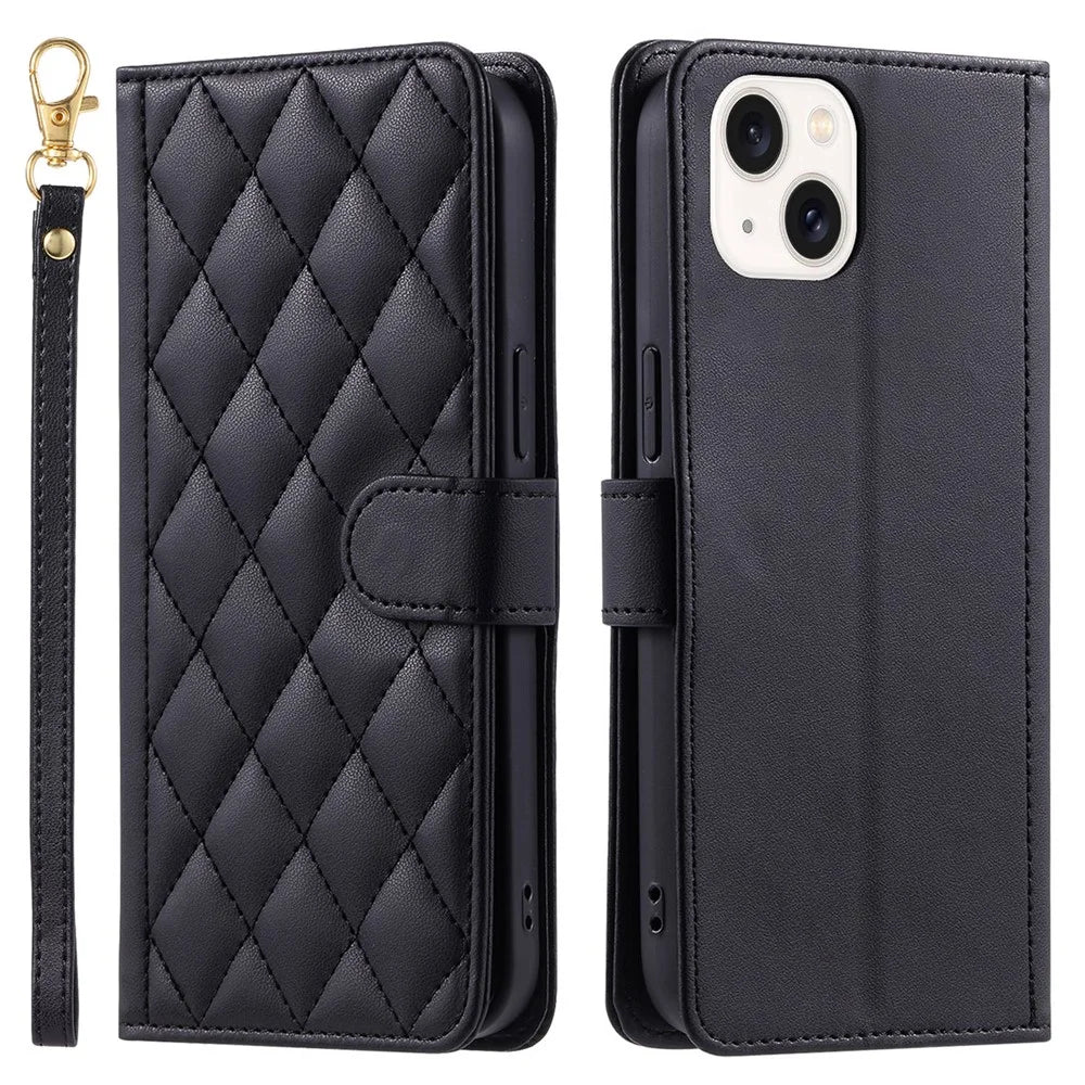 For iPhone 14 Leather Case Rhombus Grid Pattern Phone Wallet Cover - Black - 1