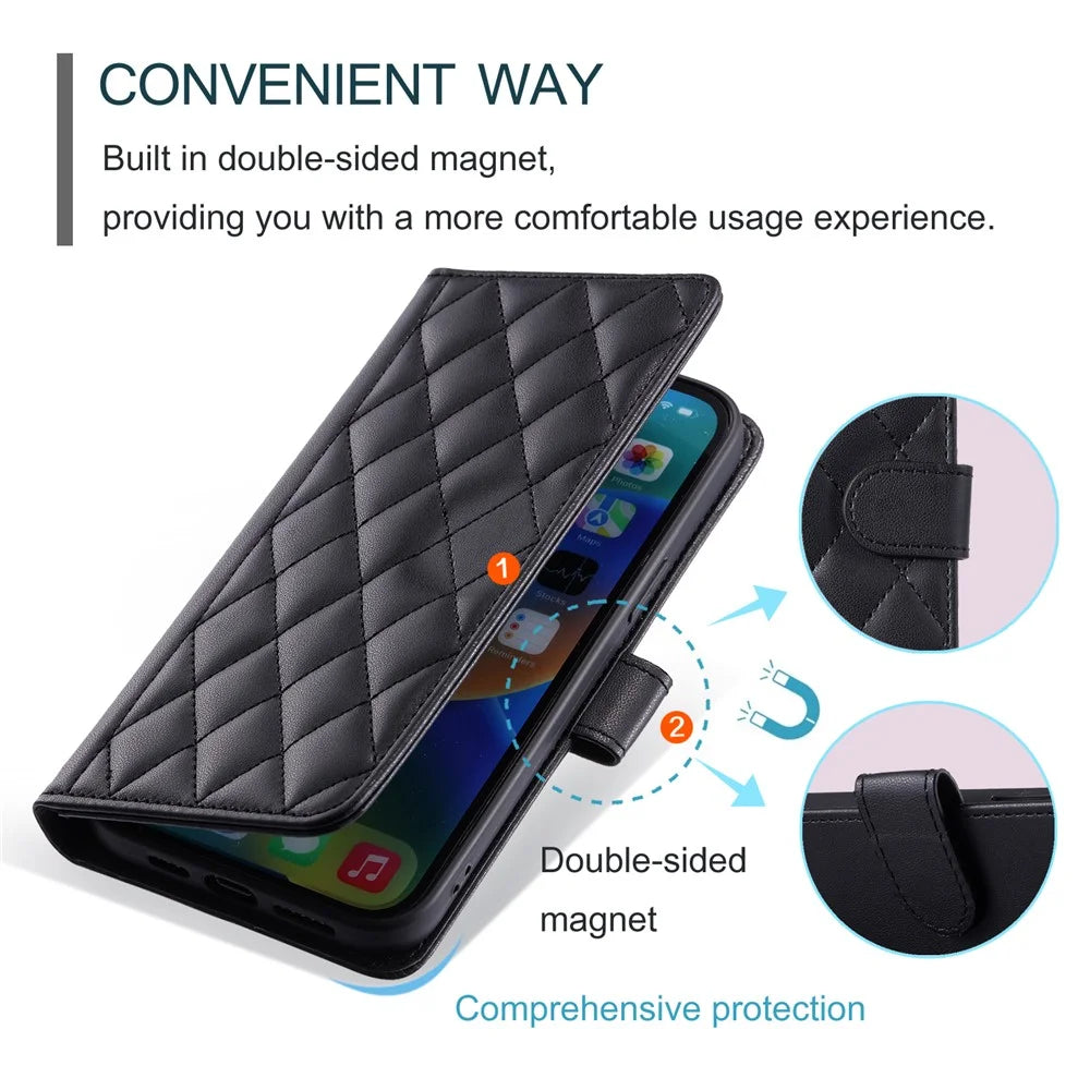For iPhone 14 Leather Case Rhombus Grid Pattern Phone Wallet Cover - Black - 7