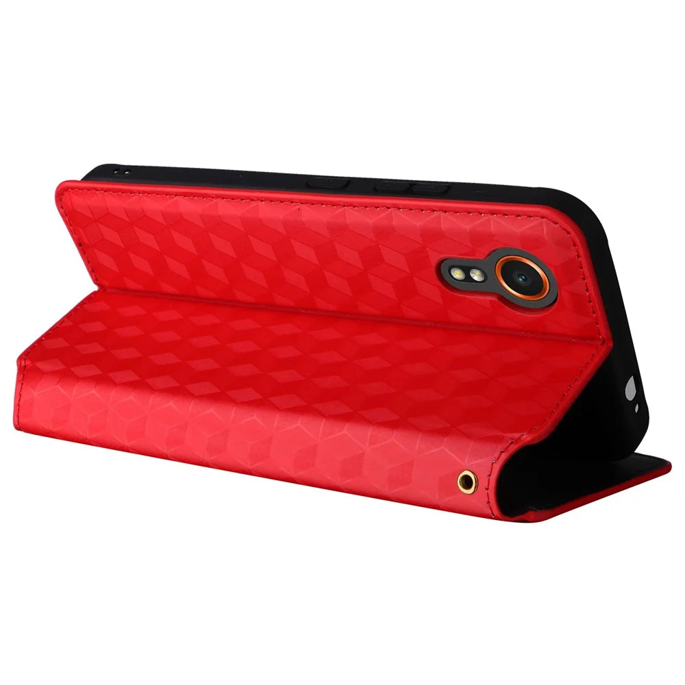 For Samsung Galaxy Xcover7 Wallet Case Rhombus Imprinted Leather Flip Cover - Red - 4