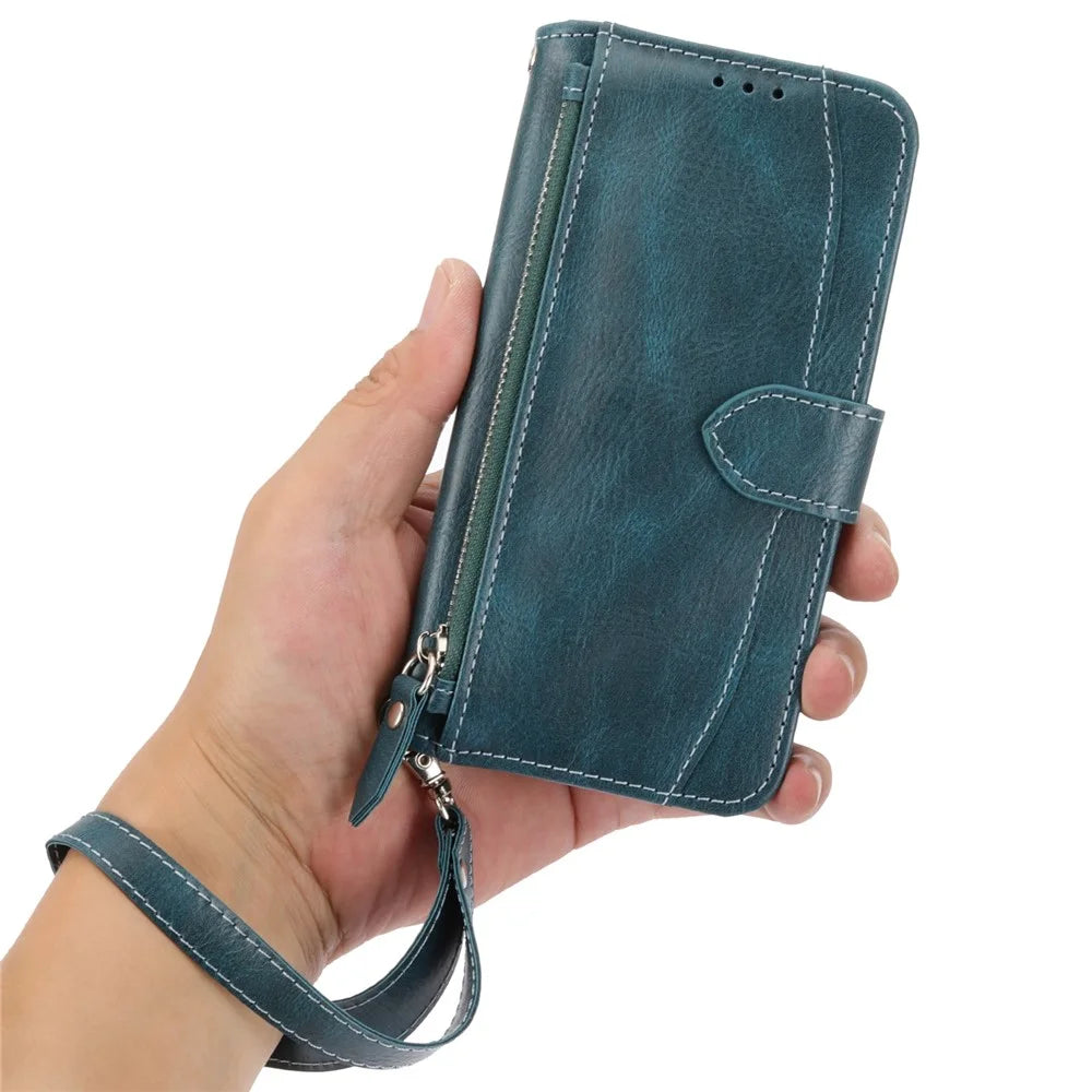 For Samsung Galaxy A55 5G Zipper Leather Case Wallet Phone Cover with 2 Straps - Blue - 6