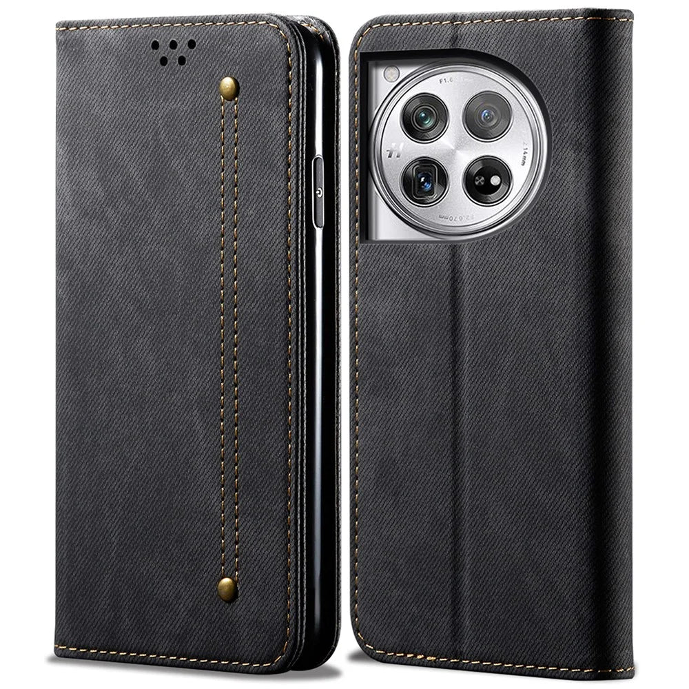 For OnePlus Ace 3 5G / 12R 5G Wallet Phone Case PU Leather Cover Jeans Cloth Texture - Black - 1