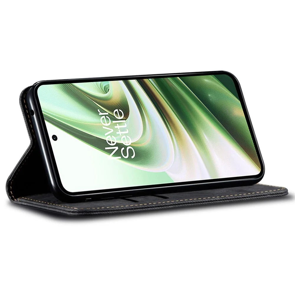 For OnePlus Ace 3 5G / 12R 5G Wallet Phone Case PU Leather Cover Jeans Cloth Texture - Black - 3