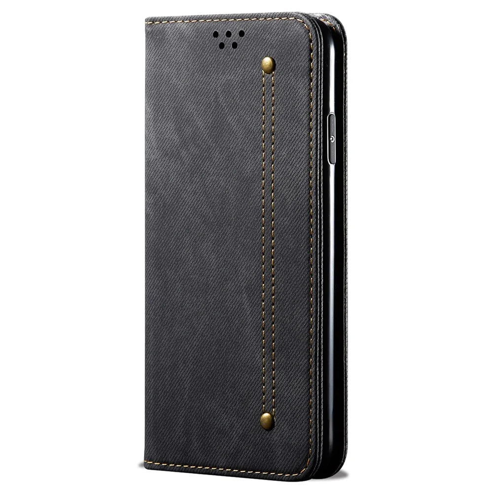 For OnePlus Ace 3 5G / 12R 5G Wallet Phone Case PU Leather Cover Jeans Cloth Texture - Black - 5