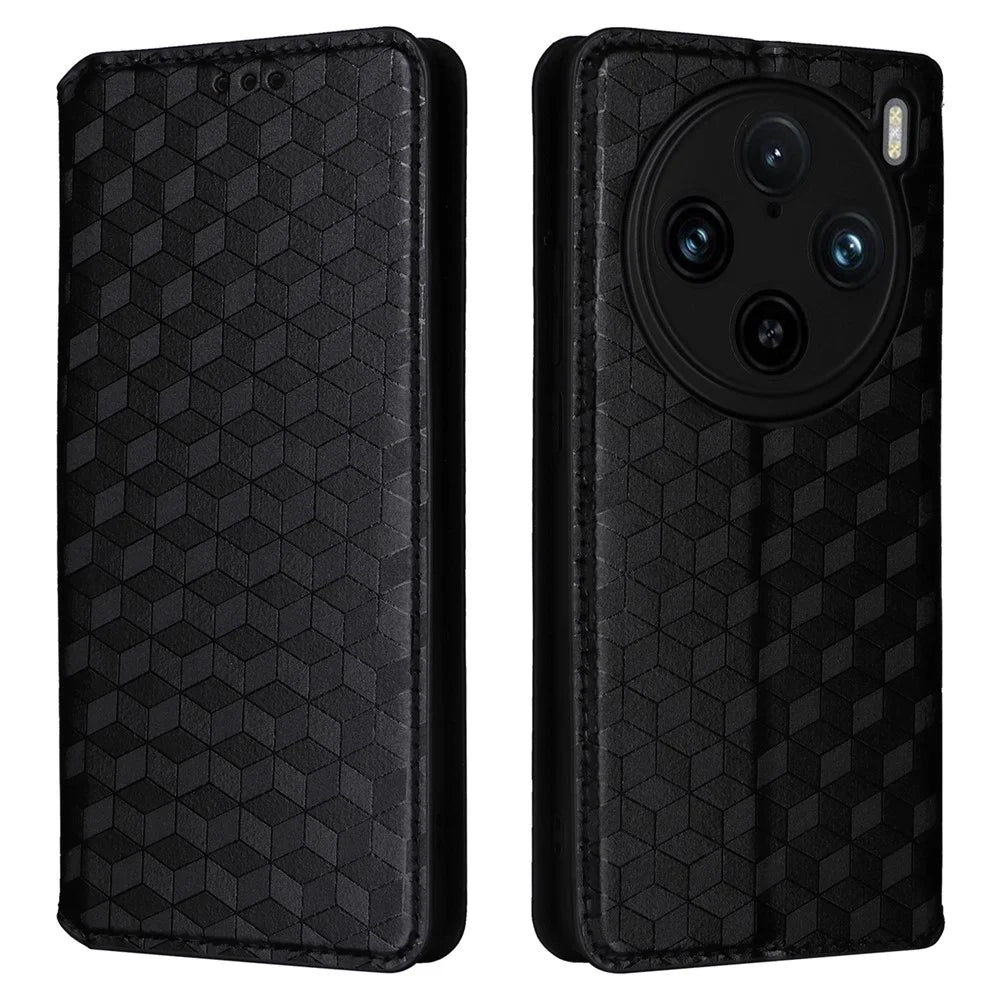For vivo X100 Pro 5G Case Magnetic Closure Wallet Phone Protector Rhombus Pattern - Black - 1