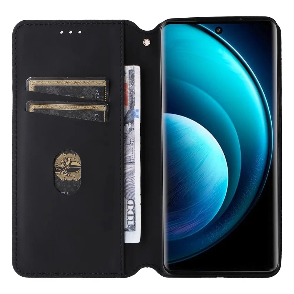 For vivo X100 Pro 5G Case Magnetic Closure Wallet Phone Protector Rhombus Pattern - Black - 2
