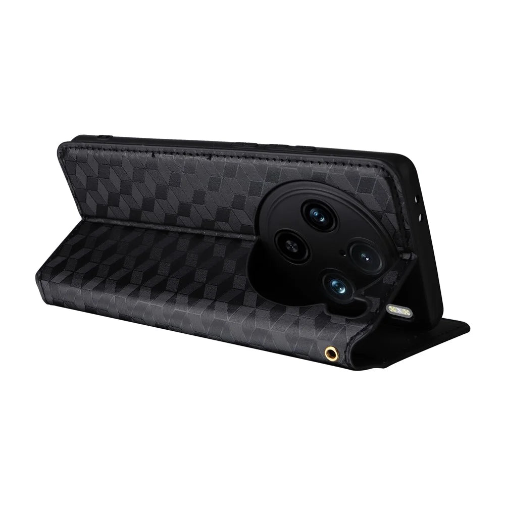 For vivo X100 Pro 5G Case Magnetic Closure Wallet Phone Protector Rhombus Pattern - Black - 4