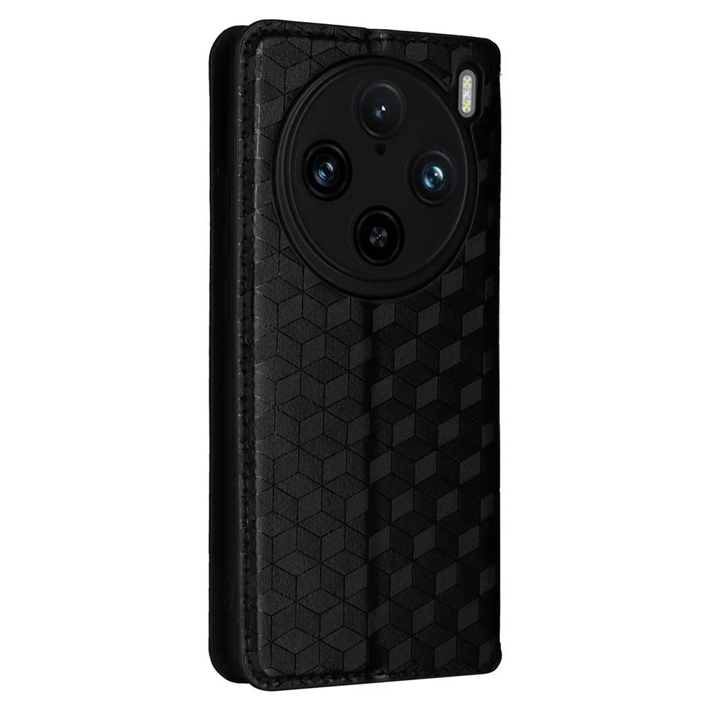 For vivo X100 Pro 5G Case Magnetic Closure Wallet Phone Protector Rhombus Pattern - Black - 6