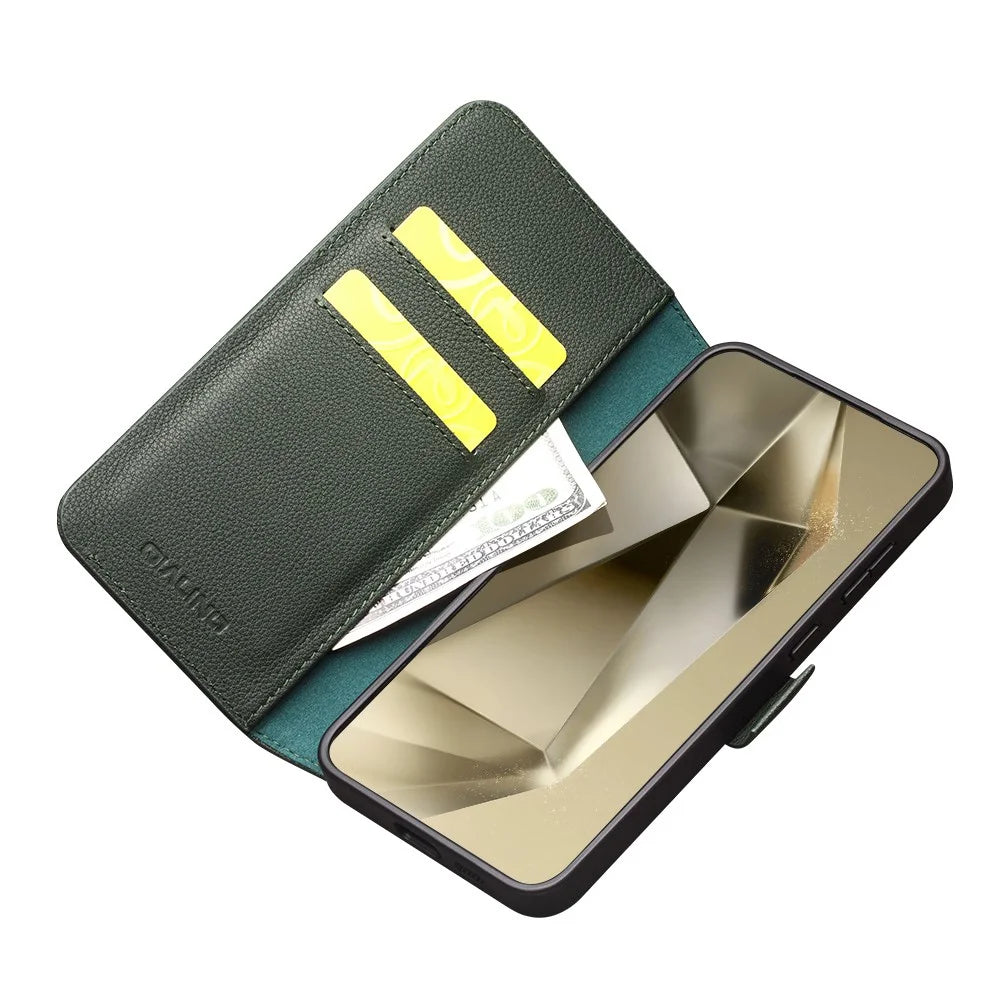 QIALINO For Samsung Galaxy S24 Magnetic Case Genuine Cow Leather Drop-proof Cover - Green - 3