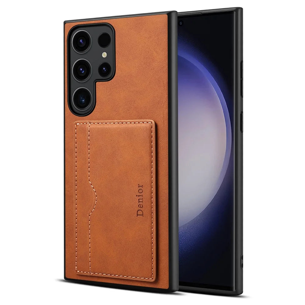 DENIOR For Samsung Galaxy S23 Ultra Magnetic Case Retro Card Holder Kickstand Back Shell - Brown - 4