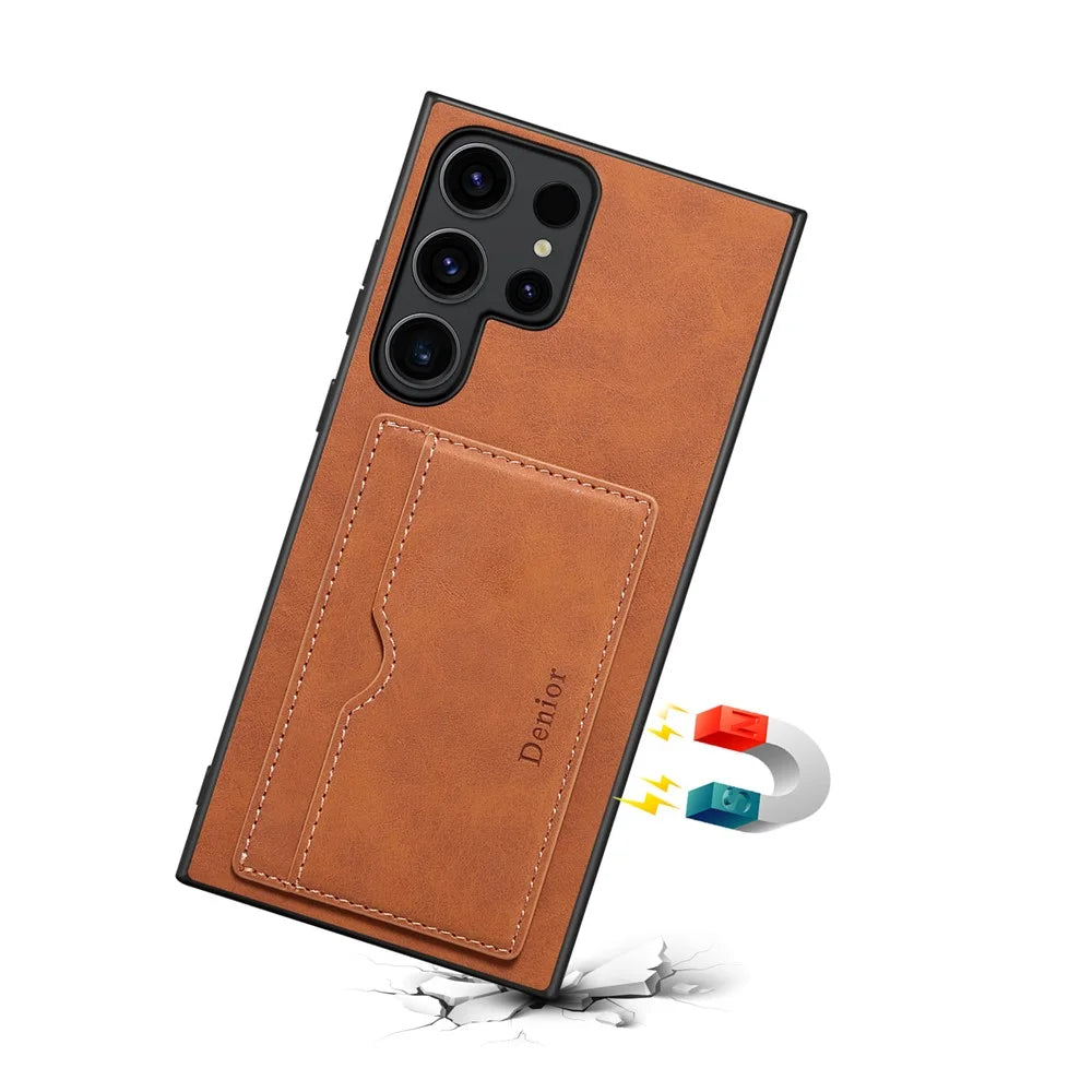 DENIOR For Samsung Galaxy S24 Ultra Cell Phone Case Vintage Texture Shell with Card Holder Kickstand - Brown - 3