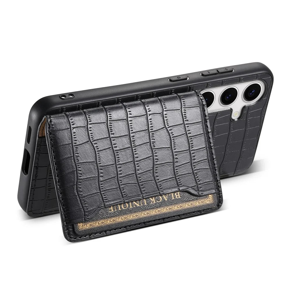 For Samsung Galaxy S24+ Case with Card Holder Crocodile Texture PU Leather Phone Back Cover - Black - 3