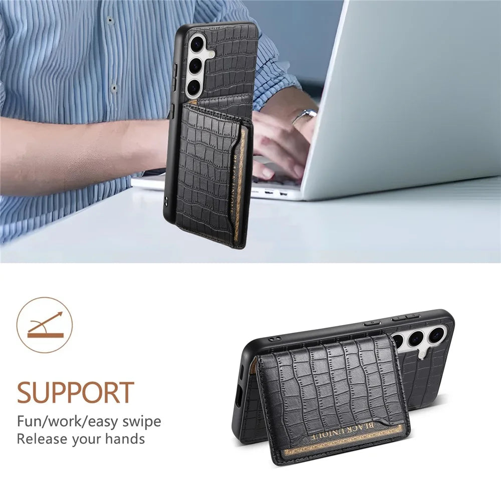 For Samsung Galaxy S24+ Case with Card Holder Crocodile Texture PU Leather Phone Back Cover - Black - 5