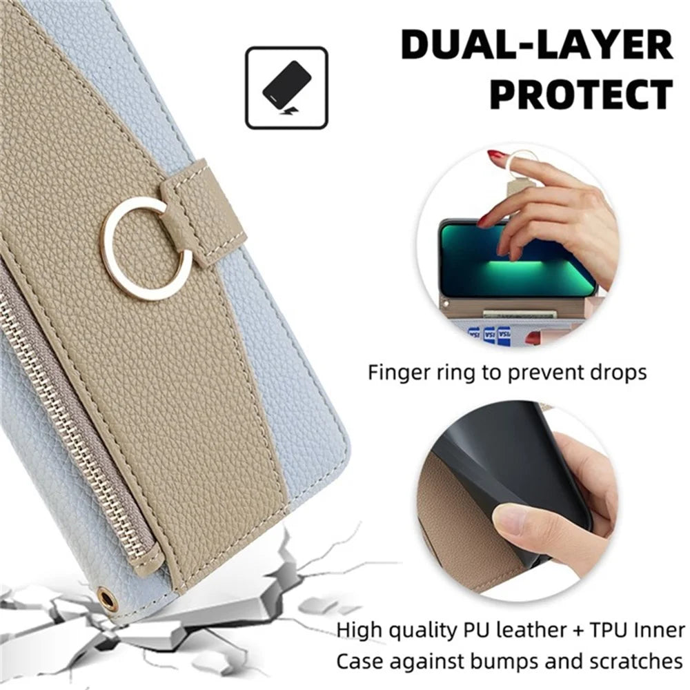 For Samsung Galaxy A12 Magnetic Case Zipper Pocket Wallet Cover with Crossbody Chain Strap - Blue - 5