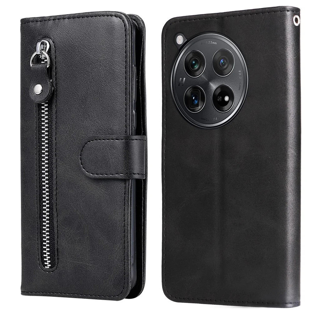 For OnePlus 12R 5G / Ace 3 5G Case Zipper Pocket Calf Texture Phone Cover - Black - 1