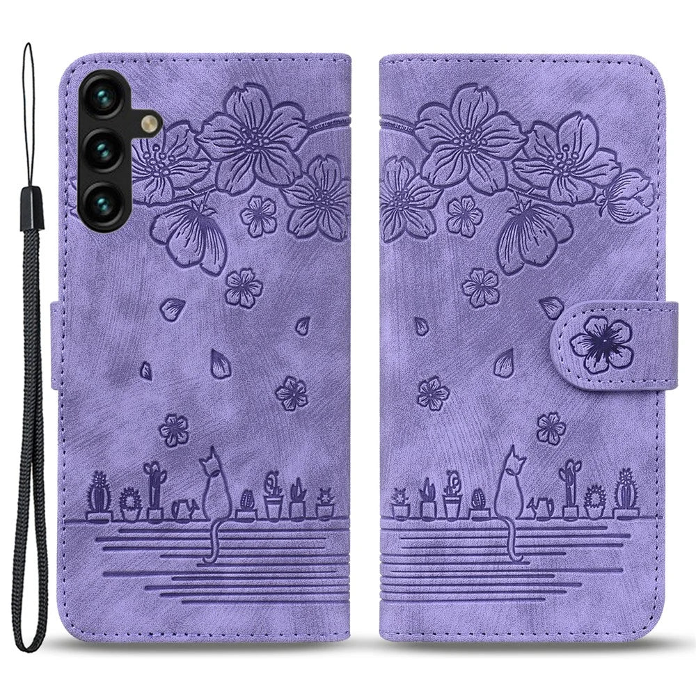 For Samsung Galaxy A25 5G (Global) (161.0 x 76.5 x 8.3mm) Leather Case Flower Cat Pattern Phone Cover Wallet - Purple - 1