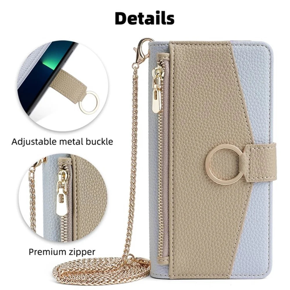 For OnePlus 10 Pro 5G Crossbody Wallet Case PU Leather Zipper Purse Phone Cover Makeup Mirror - Blue - 7